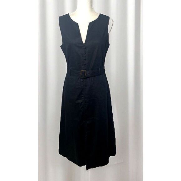 Banana Republic Size 6 Dress Black Linen Blend Cotton Spandex Midi Fit Belted - Picture 1 of 10